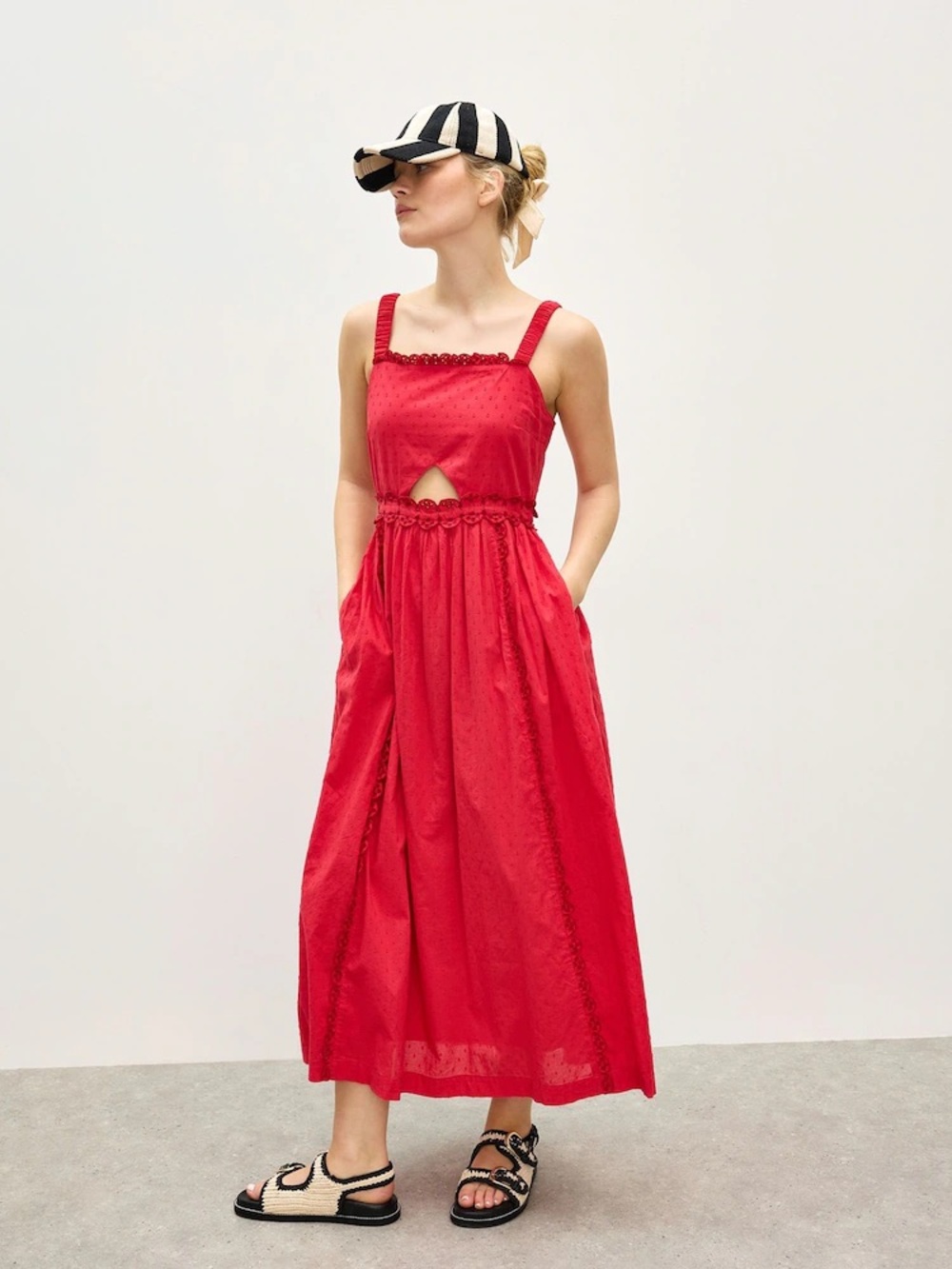 Oliver Bonas Red Broderie Frill Square Neck Dobby Midi Dress Sz 6 Summer Boho